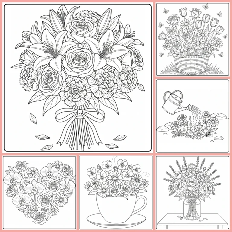 Easy flower coloring page collection preview with mixed bouquets and simple garden scenes
