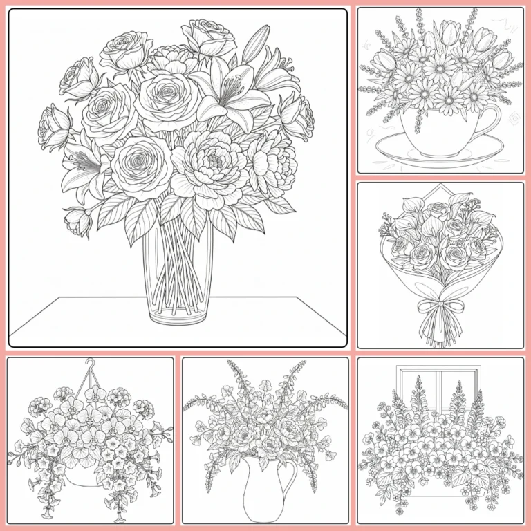 Difficult flower coloring page collection preview with detailed bouquets and wreaths