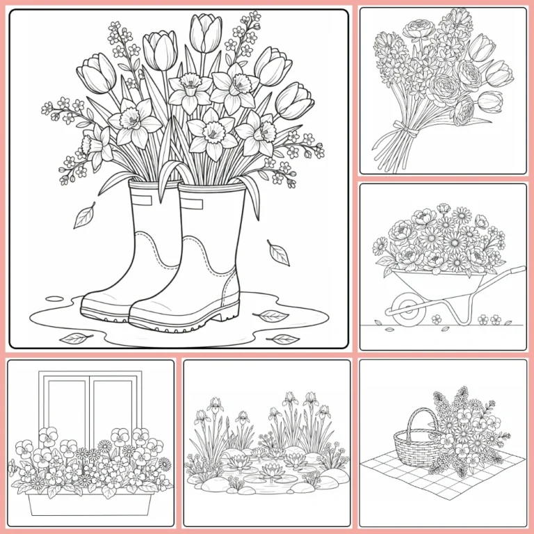 Spring flower coloring page collection preview with seasonal floral scenes