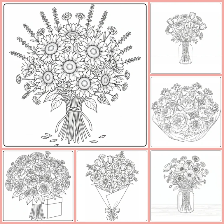 Flower bouquet coloring page collection preview with mixed floral arrangements