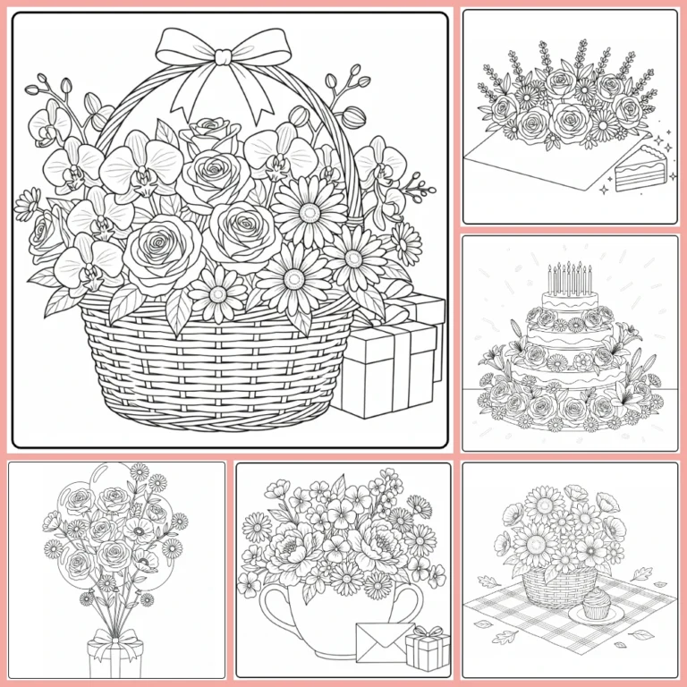 Birthday flower coloring page collection preview with flowers, gifts, and cake