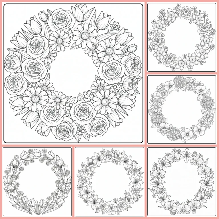 Flower wreath coloring page collection preview with round floral wreath designs