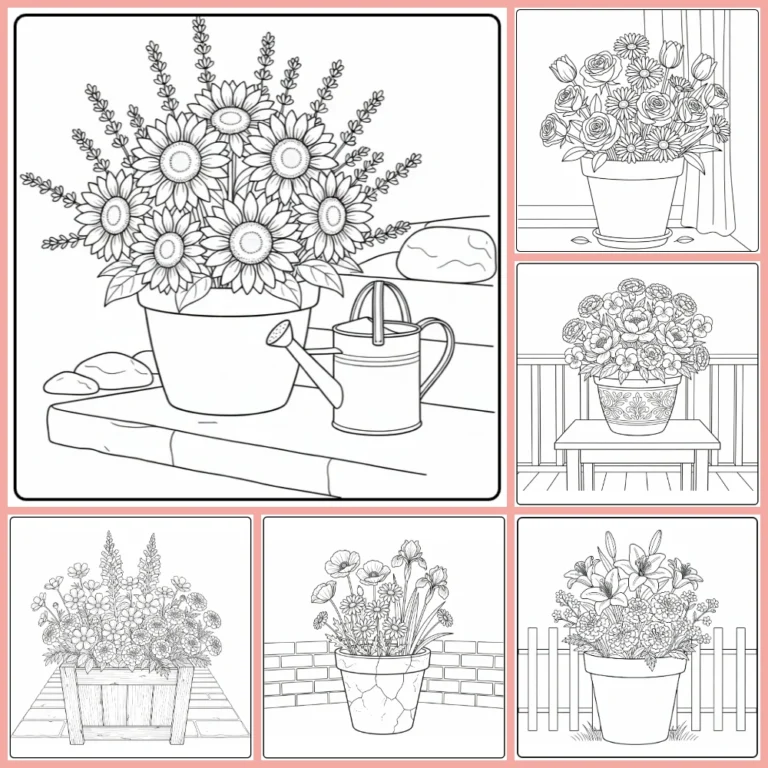 Flower pot coloring page collection preview with potted flowers and garden scenes