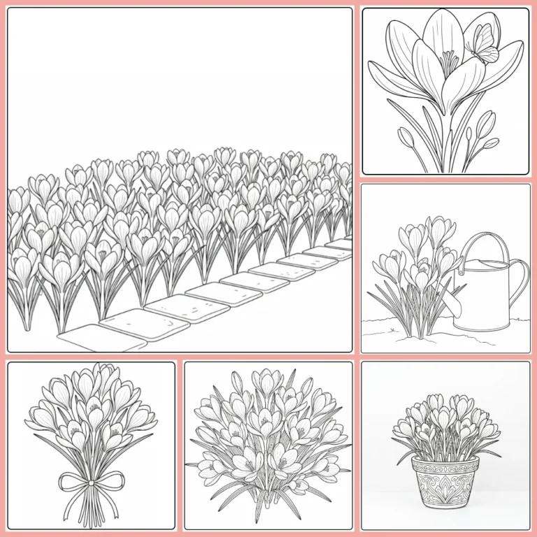 Crocus coloring page collection preview with early spring flowers