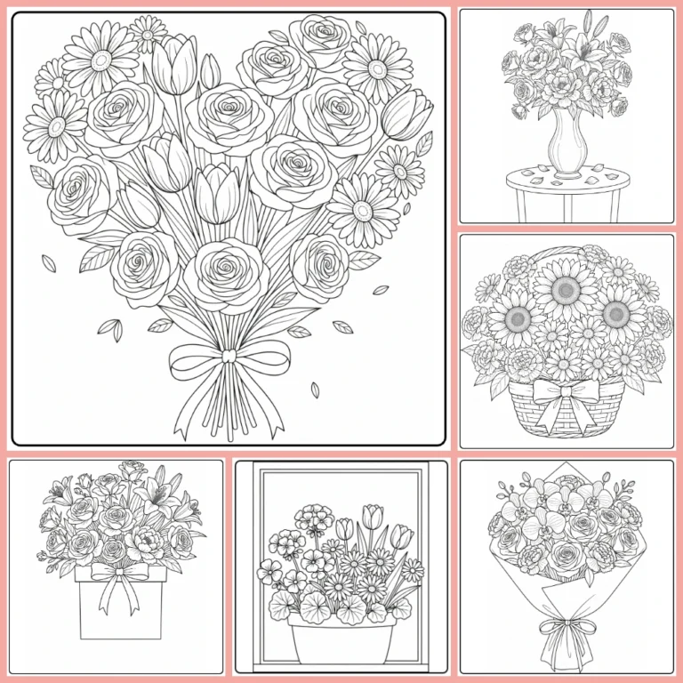 Mother's Day flower coloring page collection preview with bouquets and gifts