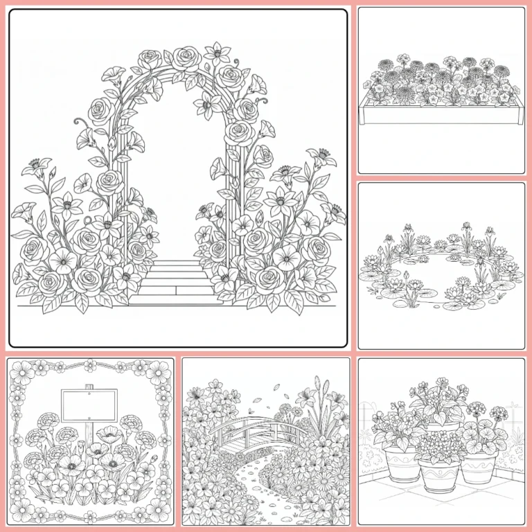 Flower garden coloring page collection preview with detailed outdoor scenes