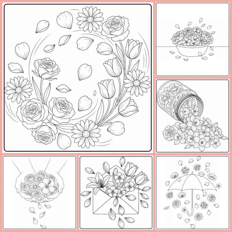 Flower petal coloring page collection preview with roses, daisies, and scattered petals