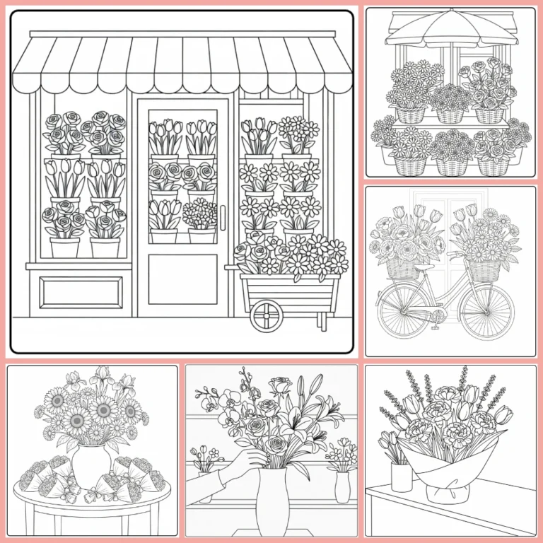 Flower shop coloring page collection preview with storefronts and bouquets