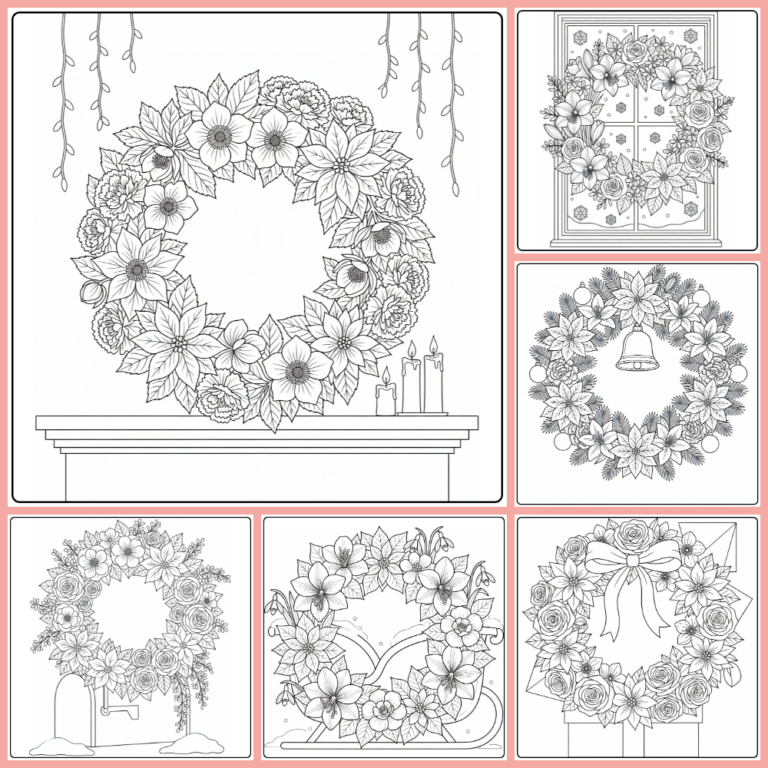 Christmas wreath coloring page collection preview with festive floral wreaths