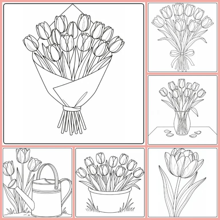 Tulip coloring page collection preview with varied spring flower designs