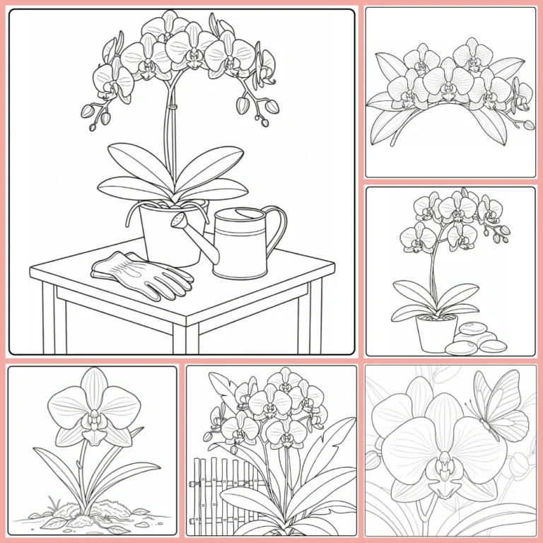 Orchid coloring page collection preview with potted plants and elegant blooms