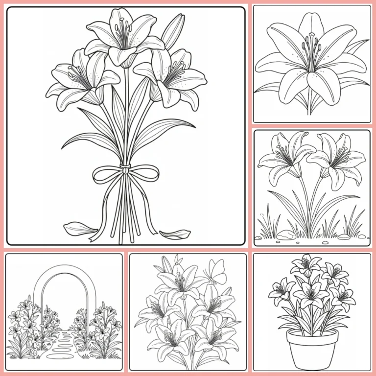Lily coloring page collection preview with elegant flowers and bouquets
