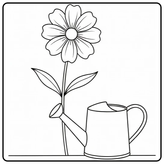 Cosmos flower coloring page featuring a watering can beside an open bloom