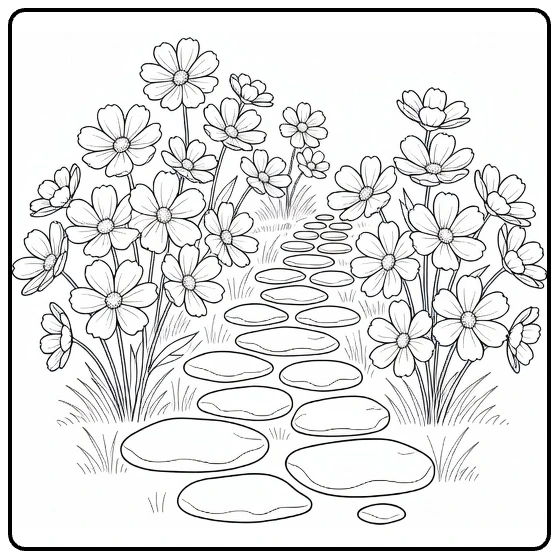 Cosmos flower coloring page showing flowers around a garden path