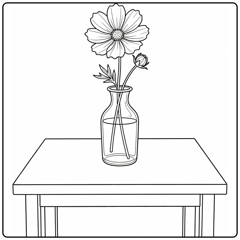 Cosmos flower coloring page showing a flower in a glass vase