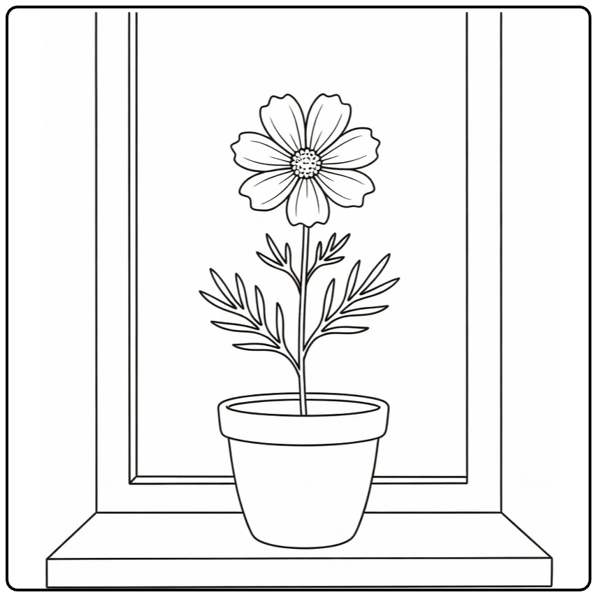 Cosmos flower coloring page featuring a flowerpot on a windowsill