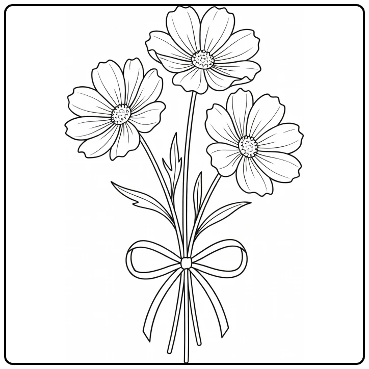 Cosmos flower coloring page showing a bouquet tied with ribbon