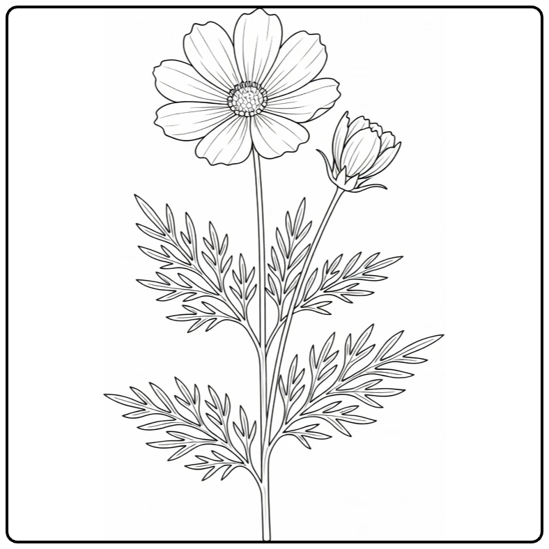Cosmos flower coloring page showing a botanical stem with flower and bud
