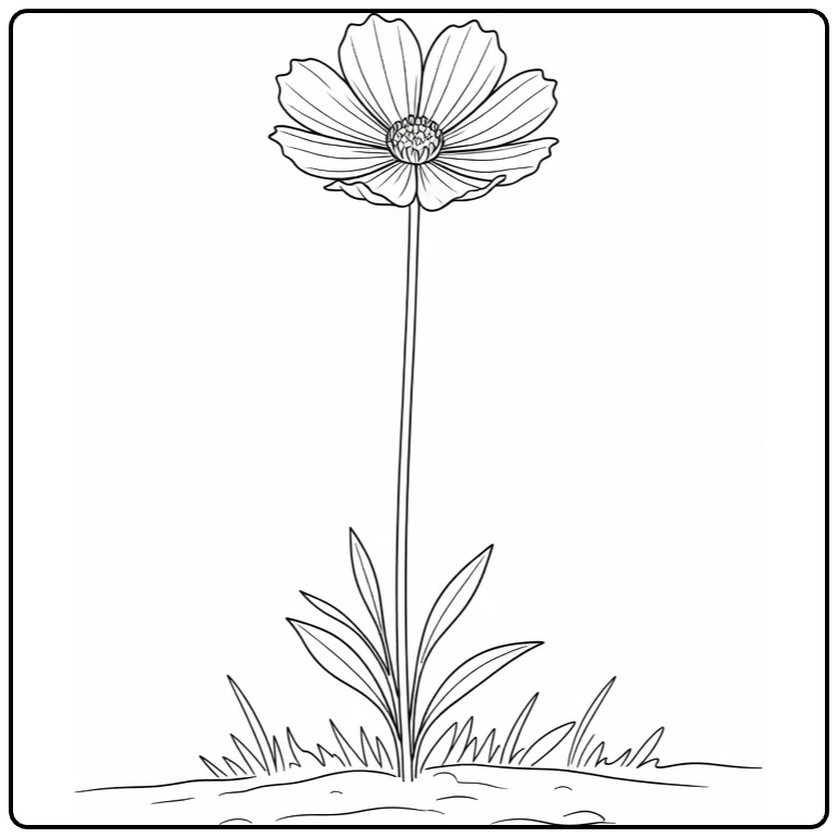 Cosmos flower coloring page featuring one blooming flower on a long stem