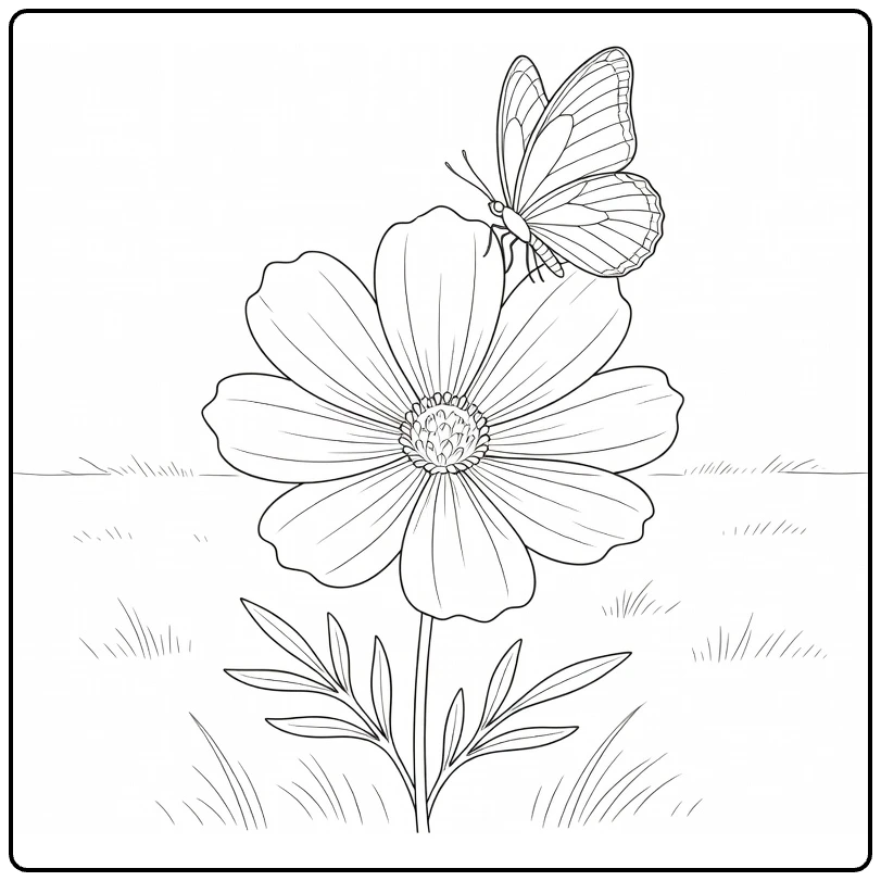 Cosmos flower coloring page featuring a butterfly on a large flower