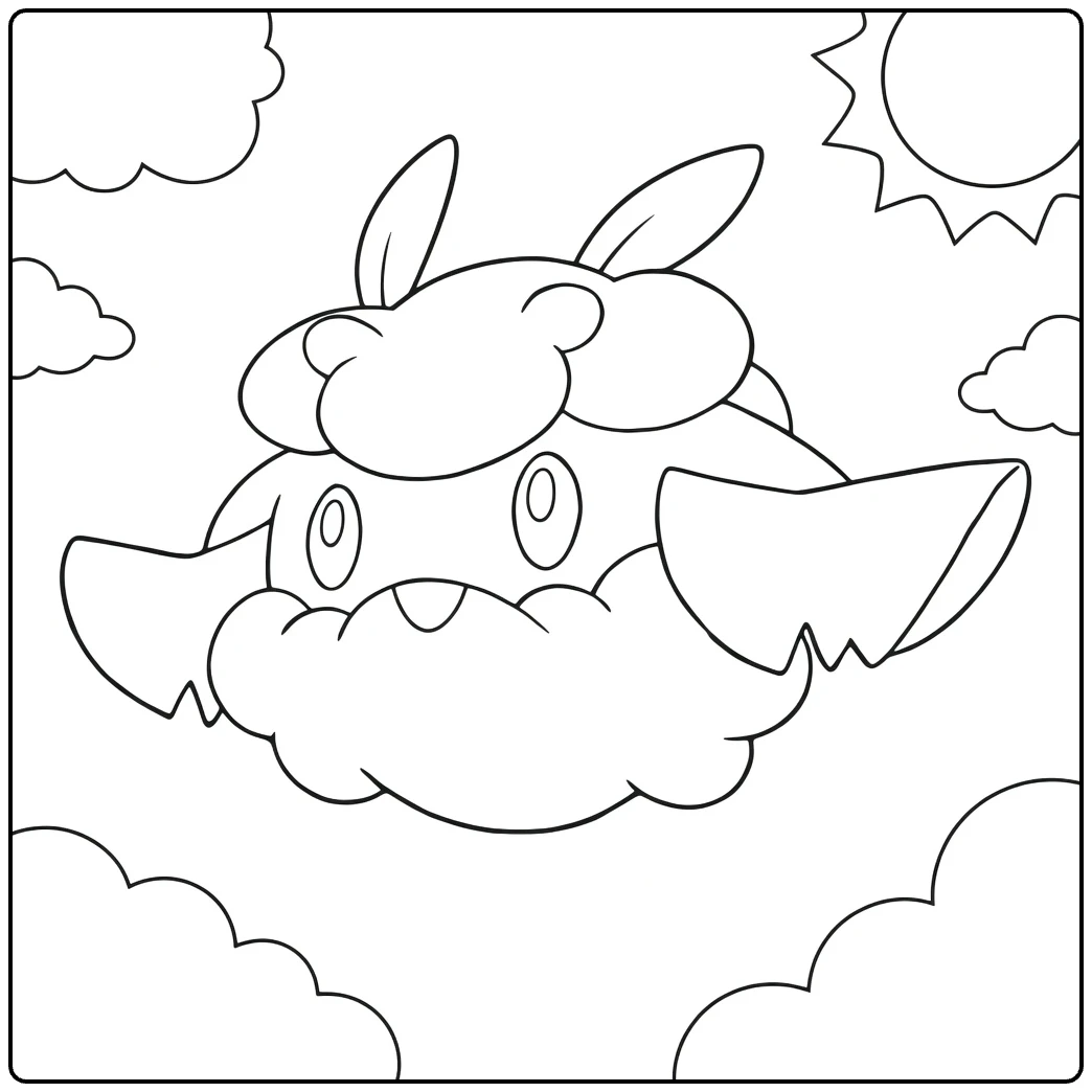 Cottonee Cute in Sky with Clouds and Sun coloring page