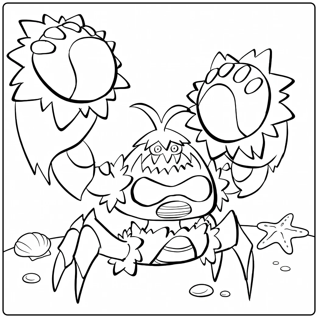 Crabominable on Beach with Star and Shells coloring page