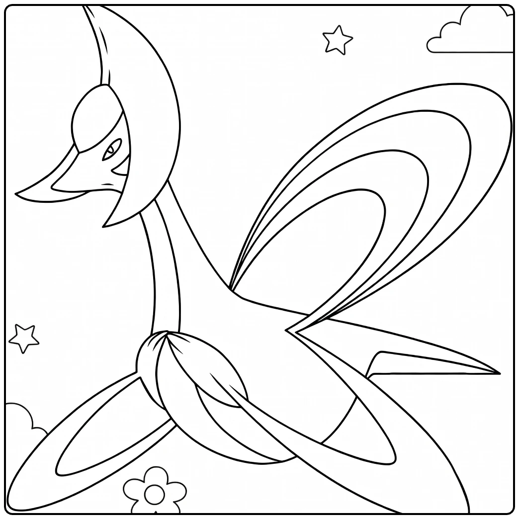 cresselia coloring page for kids with clouds and flowers