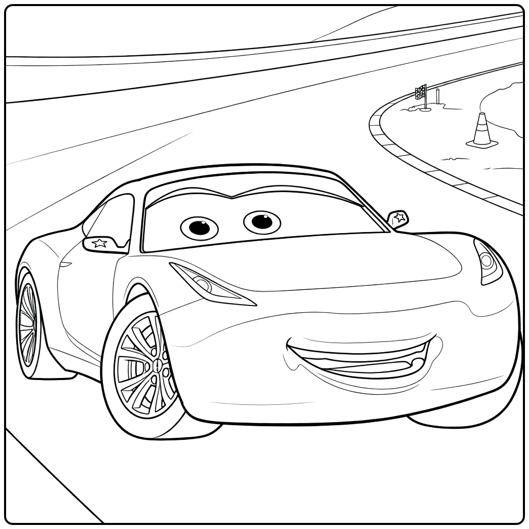 Cruz Ramirez coloring page with flags and cones