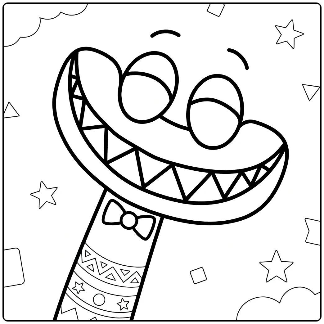 Cyan Rainbow Friends coloring page featuring a bow tie and patterns