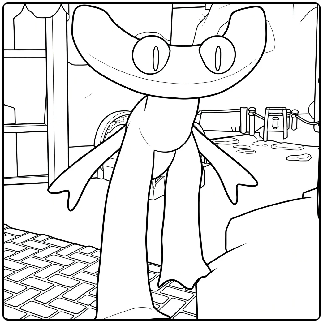 Cyan Rainbow Friends coloring page set inside a mysterious building