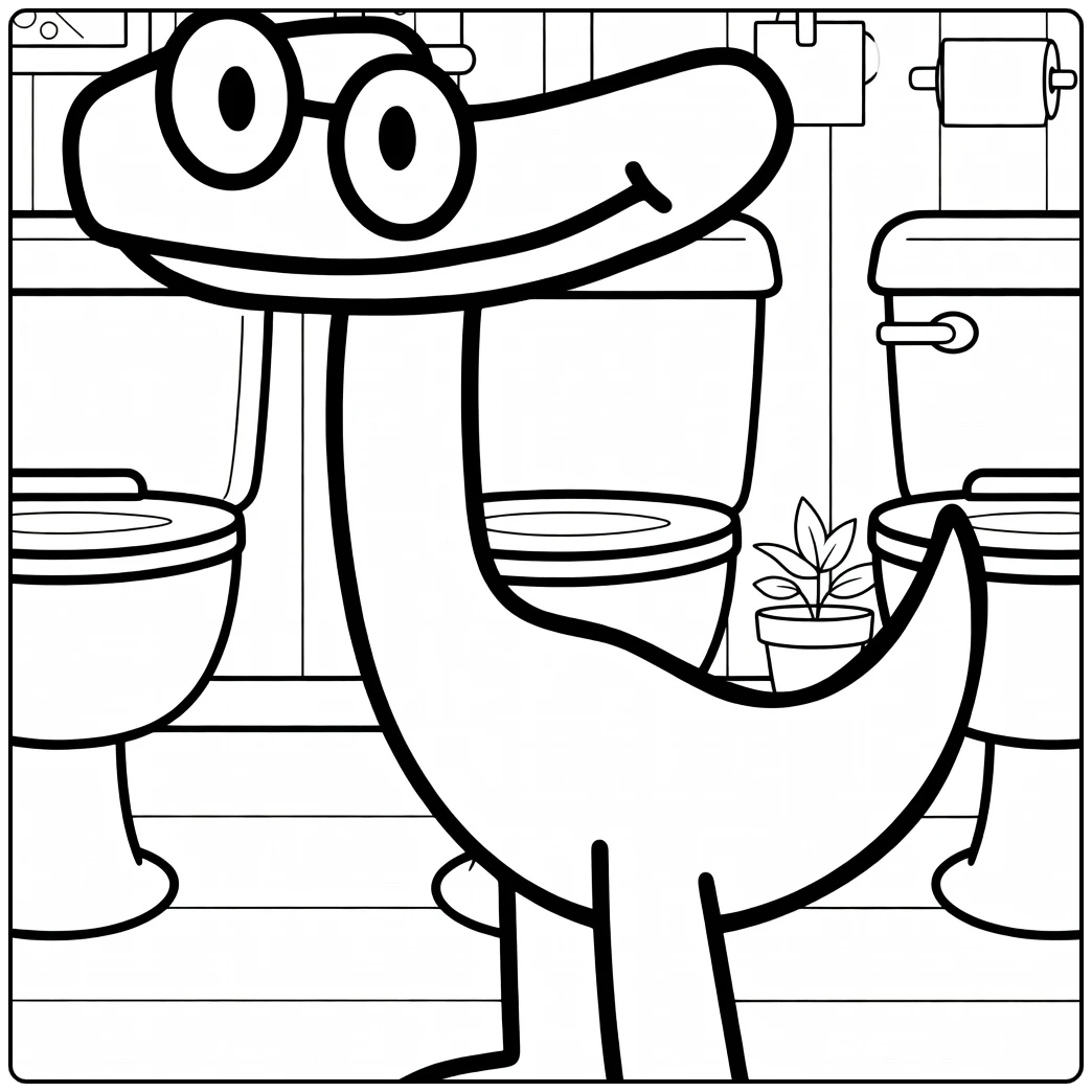 Funny Cyan Rainbow Friends coloring page set in a bathroom
