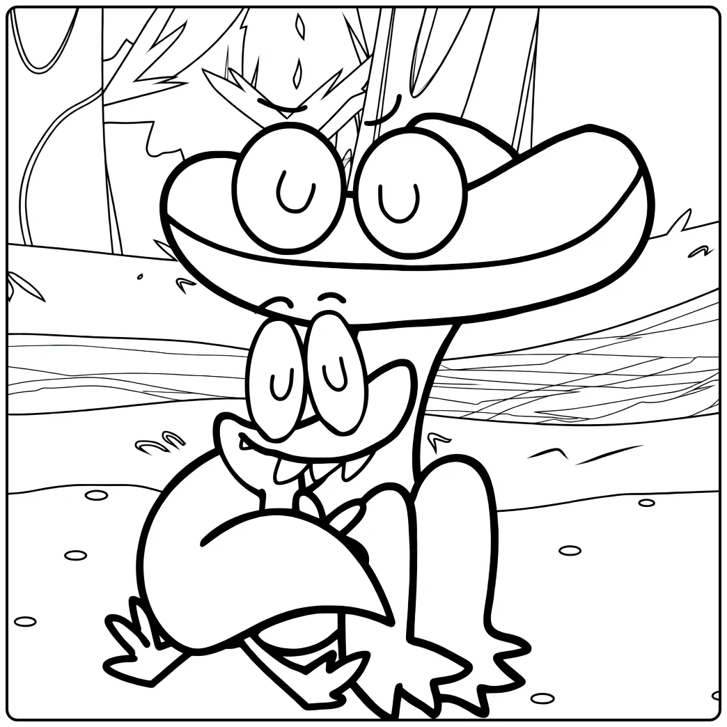 Forest coloring page featuring Cyan Rainbow Friends and a frog