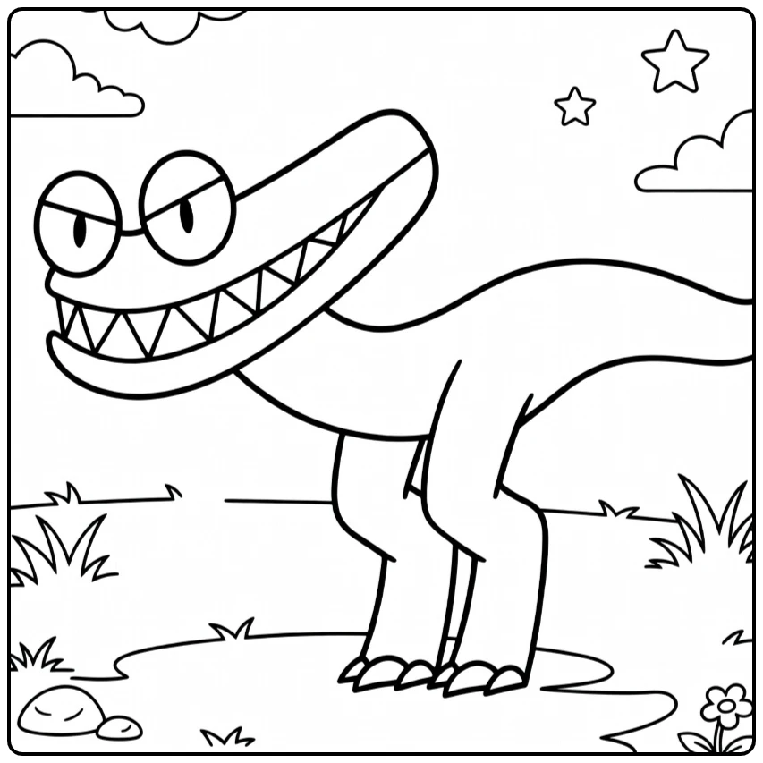 Cyan Rainbow Friends coloring page showing the creature outdoors