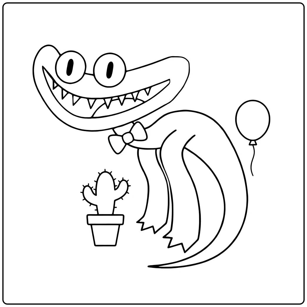 Cyan Rainbow Friends coloring page with a balloon and potted cactus