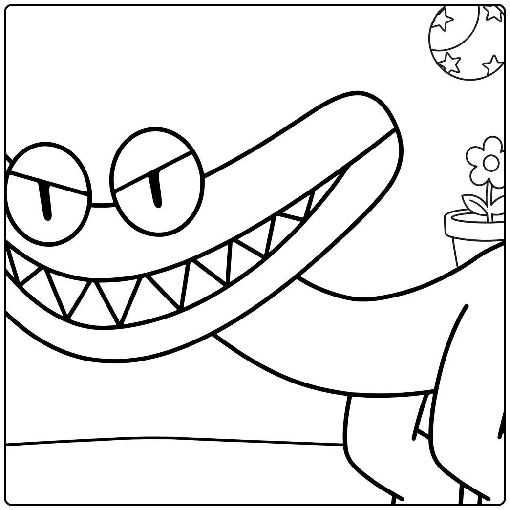 Cyan Rainbow Friends coloring page with a flowerpot and stars