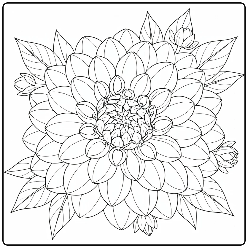Close-up dahlia coloring page with layered petals and leaves