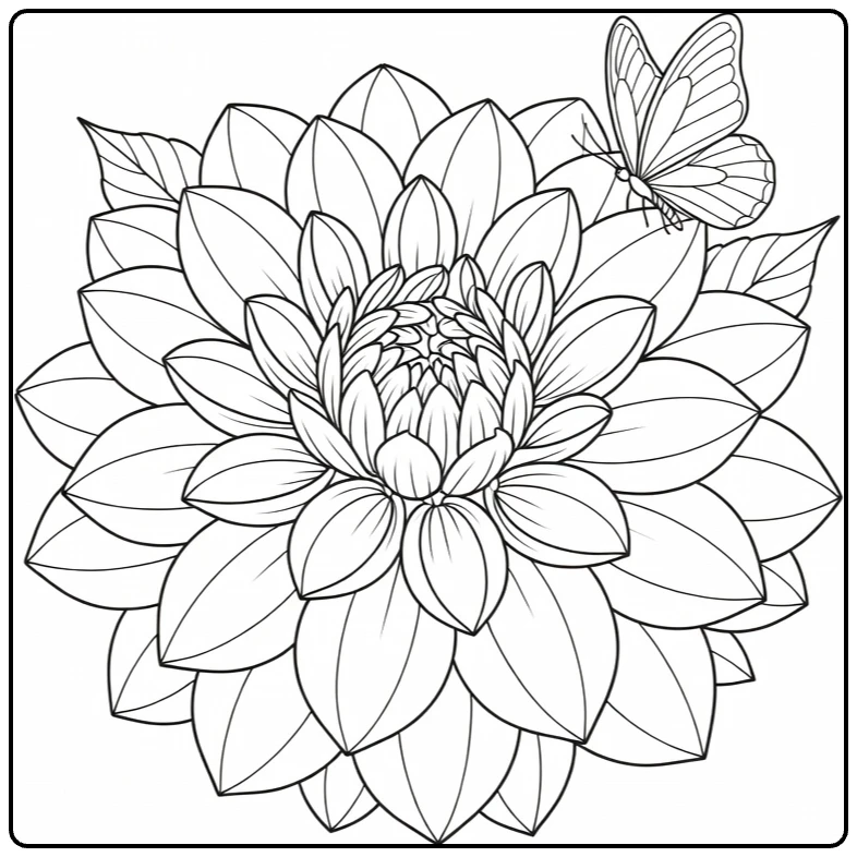 Dahlia coloring page featuring a butterfly on a flower petal