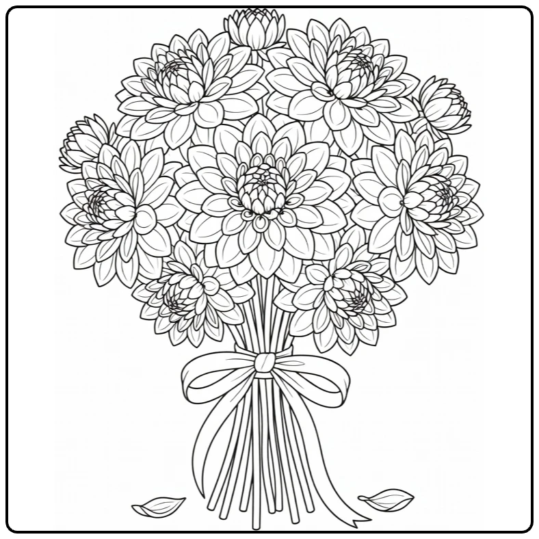 Dahlia coloring page showing a blooming bouquet tied with ribbon