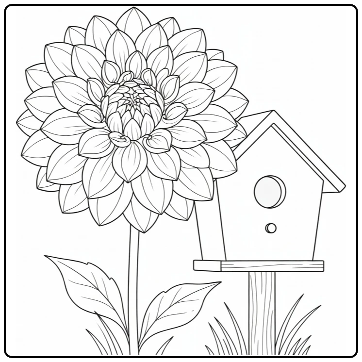 Dahlia coloring page showing a flower beside a birdhouse