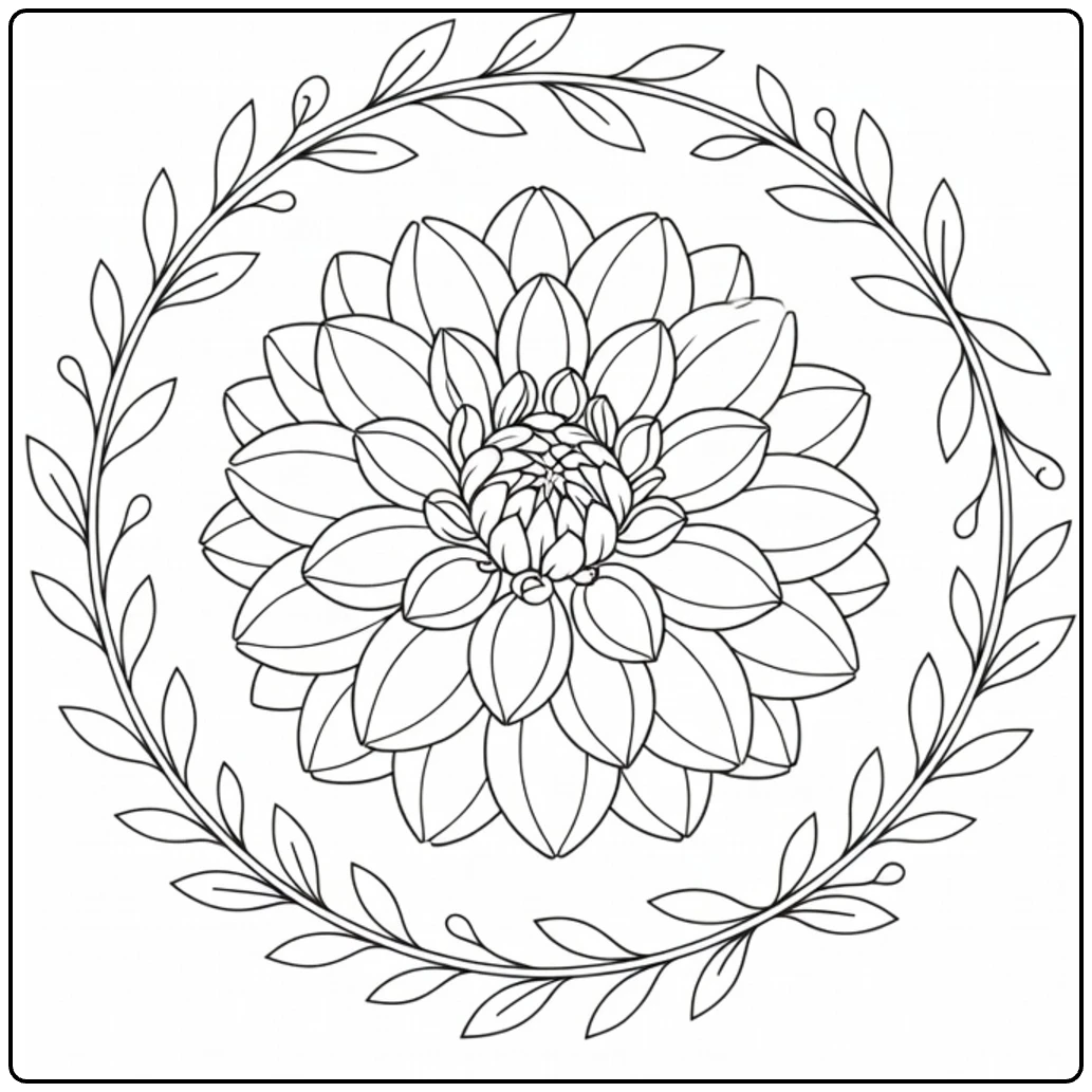 Dahlia coloring page showing a flower framed by leaves and vines