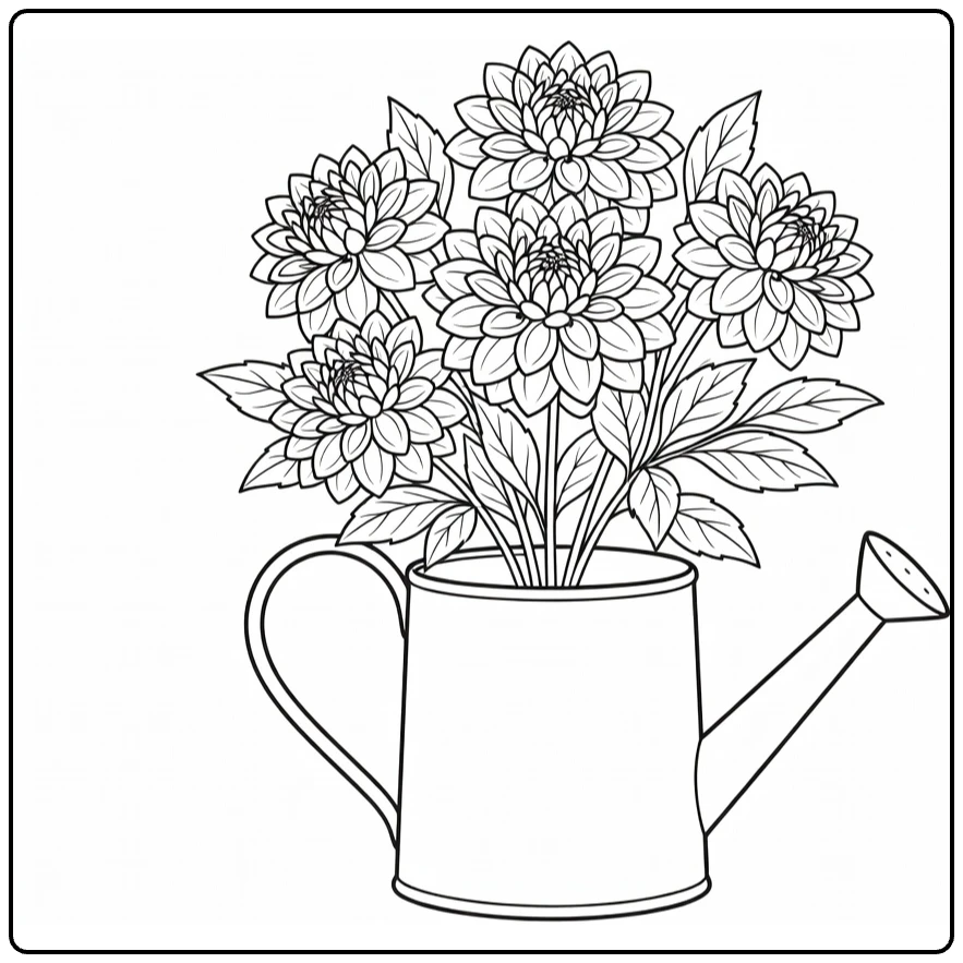 Dahlia coloring page featuring flowers in a watering can