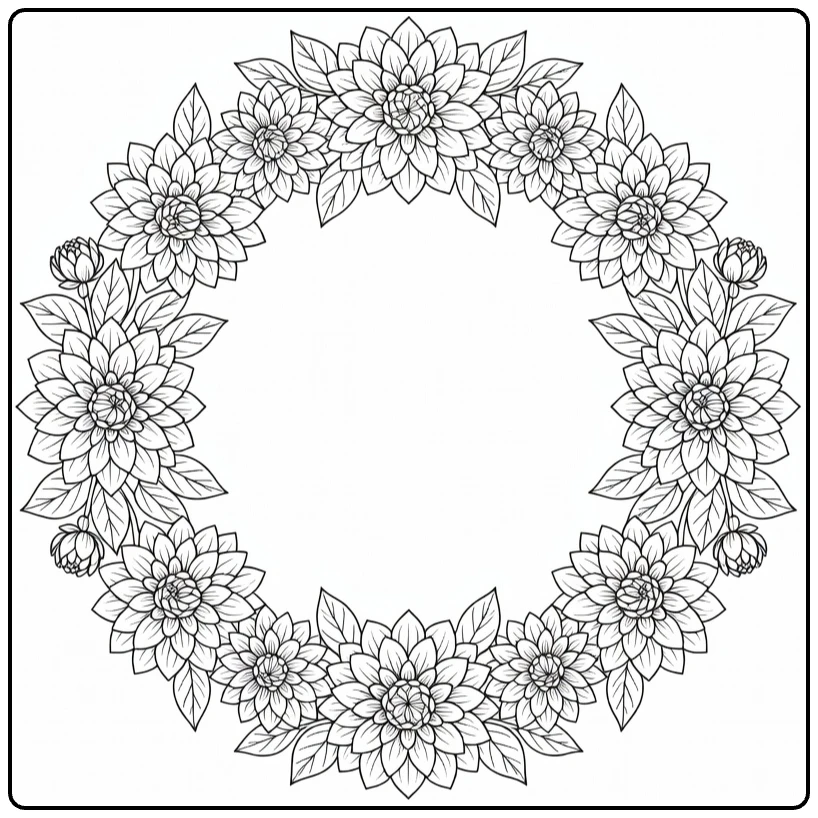 Dahlia coloring page showing a circular flower wreath