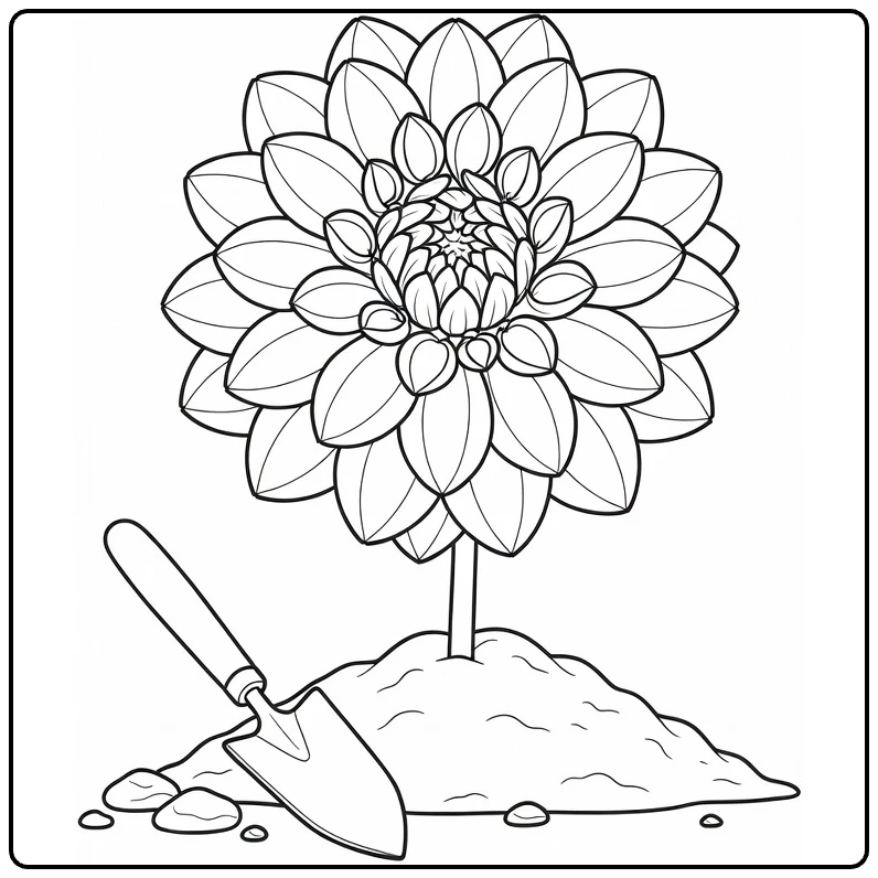 Dahlia coloring page showing a flower in soil with a trowel