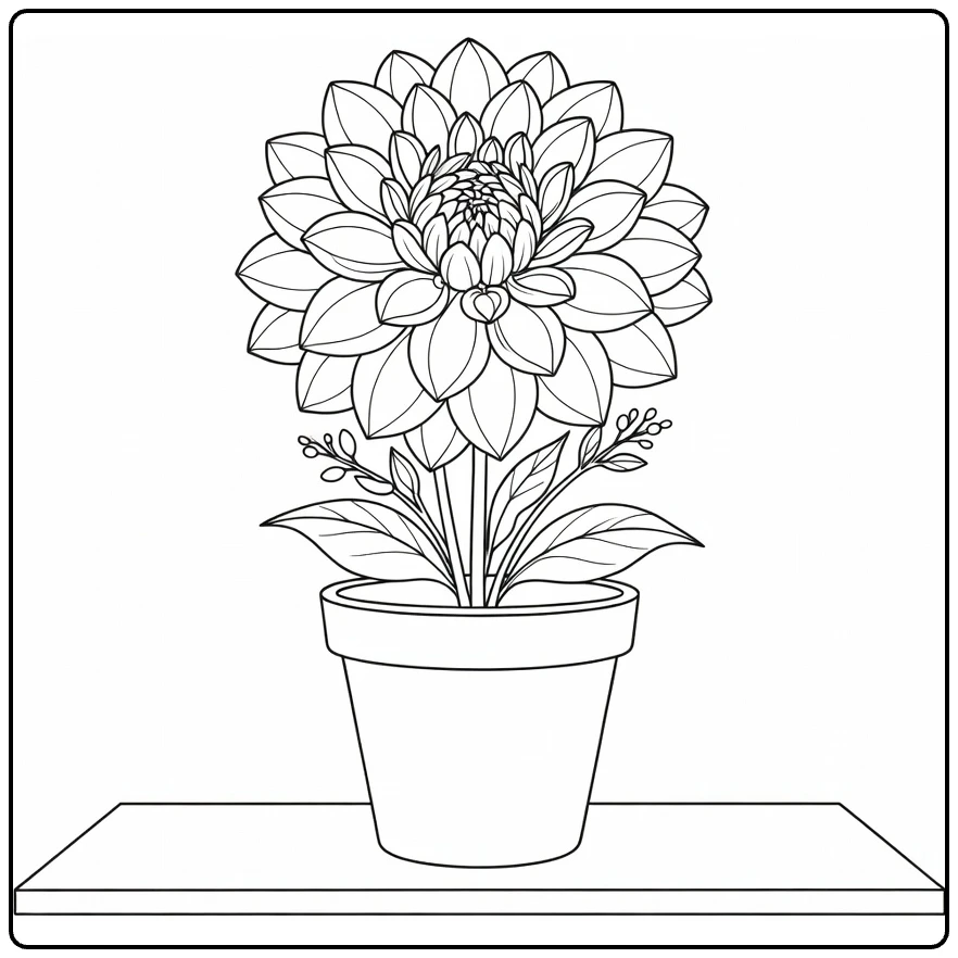 Dahlia coloring page showing a large flower in a pot on a windowsill