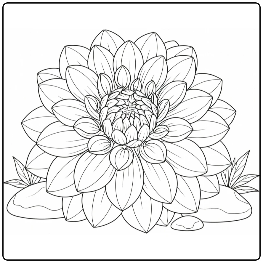Dahlia coloring page featuring a flower with stones and leaves