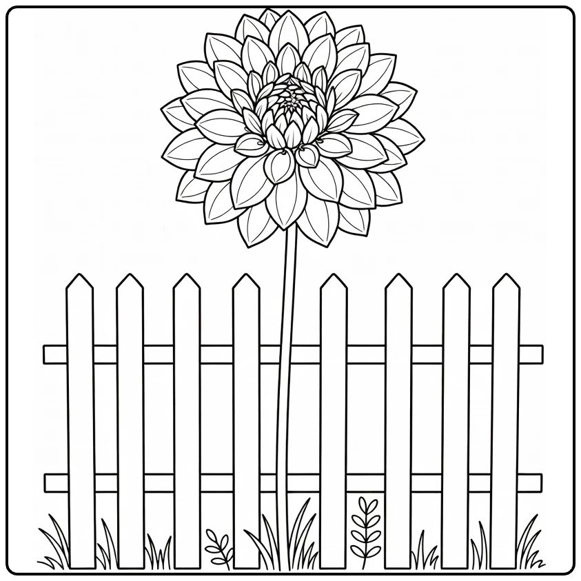 Dahlia coloring page featuring a tall flower near a fence