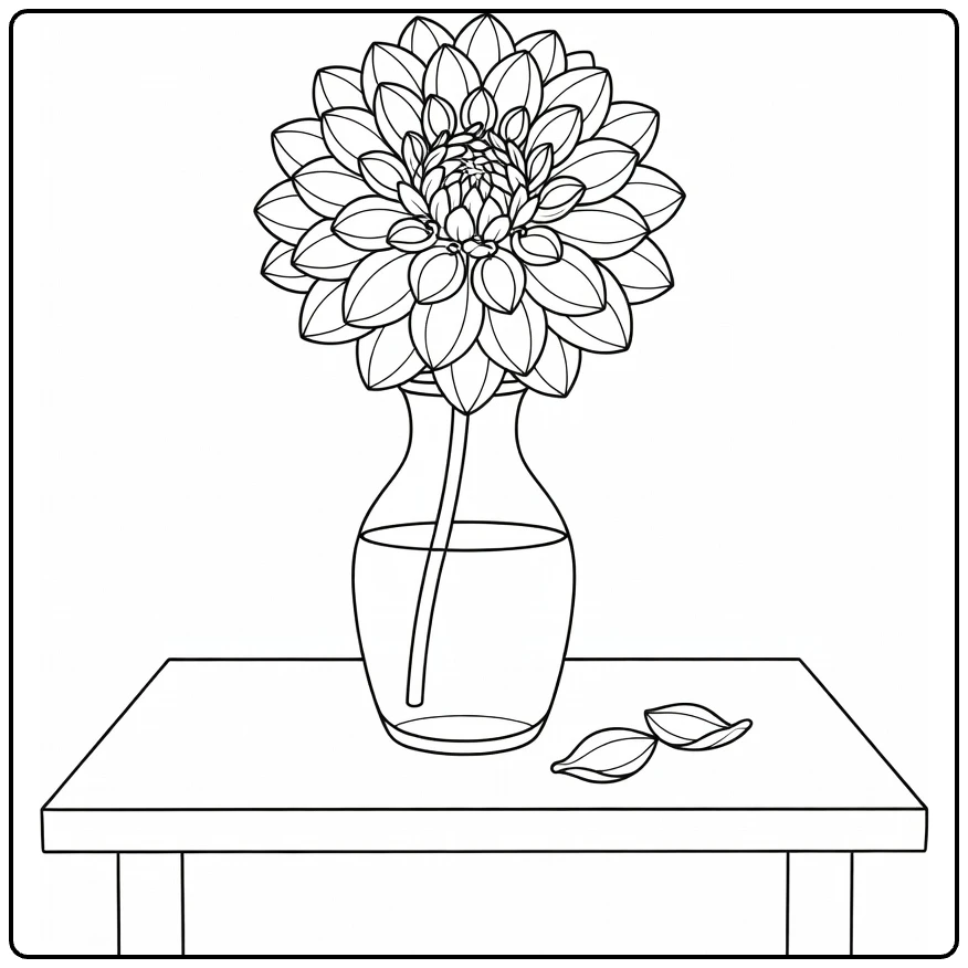 Dahlia coloring page showing a flower in a glass vase