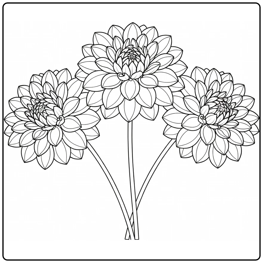 Dahlia coloring page featuring three flowers in a soft arch