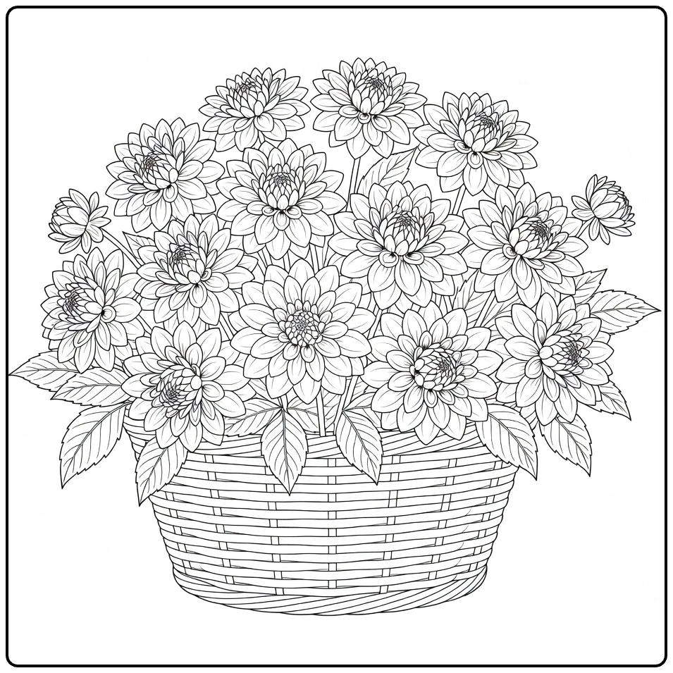 Dahlia coloring page featuring a basket full of flowers