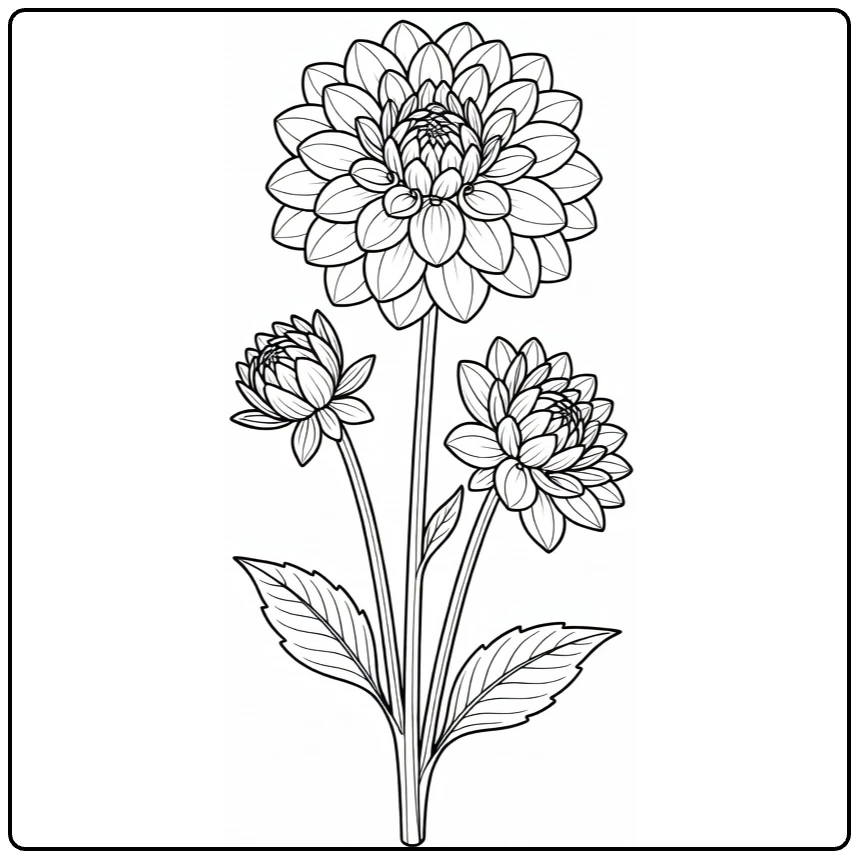 Dahlia coloring page featuring an open flower, half-open bloom, and bud